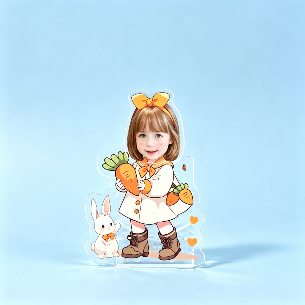 Bunny Girl Custom Photo Wobble Figure — personalized acrylic standee made from your photo, girl holding carrots with a bunny