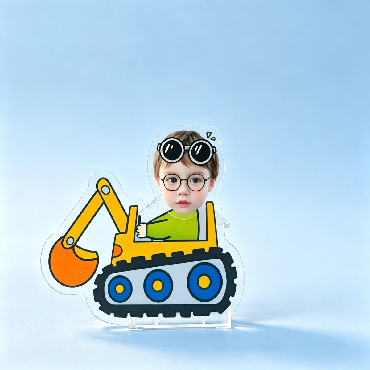 Excavator Custom Photo Wobble Figure — personalized acrylic standee made from your photo, kid operating a yellow excavator