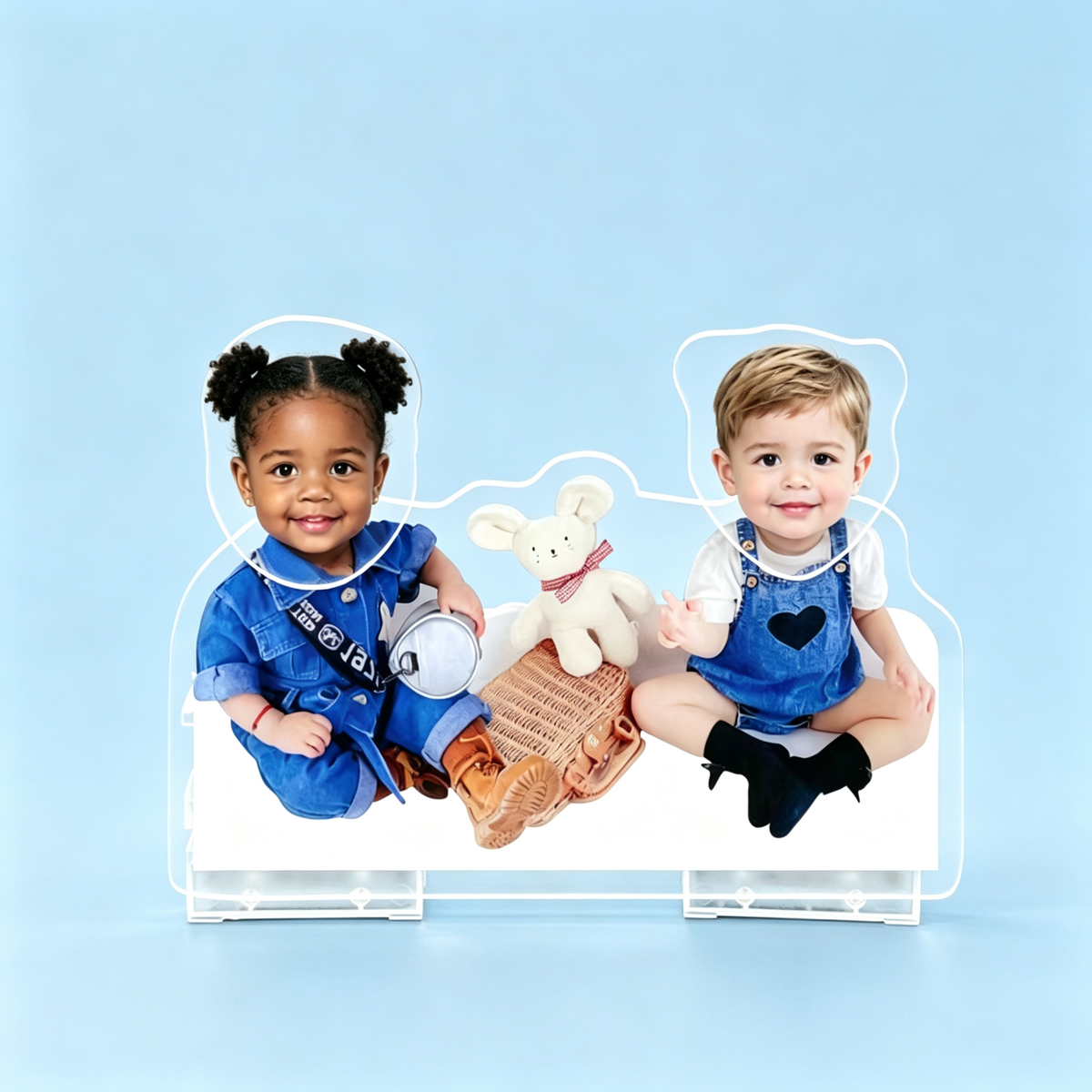 Picnic Baby Custom Photo Wobble Figure — personalized acrylic standee made from your photo, two babies in denim overalls