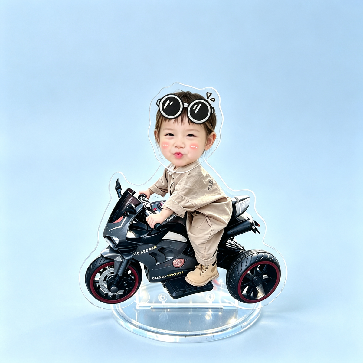 Rider III Custom Photo Wobble Figure — personalized acrylic standee made from your photo, kid riding a black sport bike