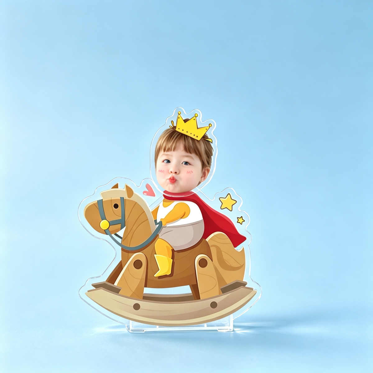 Rocking Horse Custom Photo Wobble Figure — personalized acrylic standee made from your photo, royal kid with crown and cape