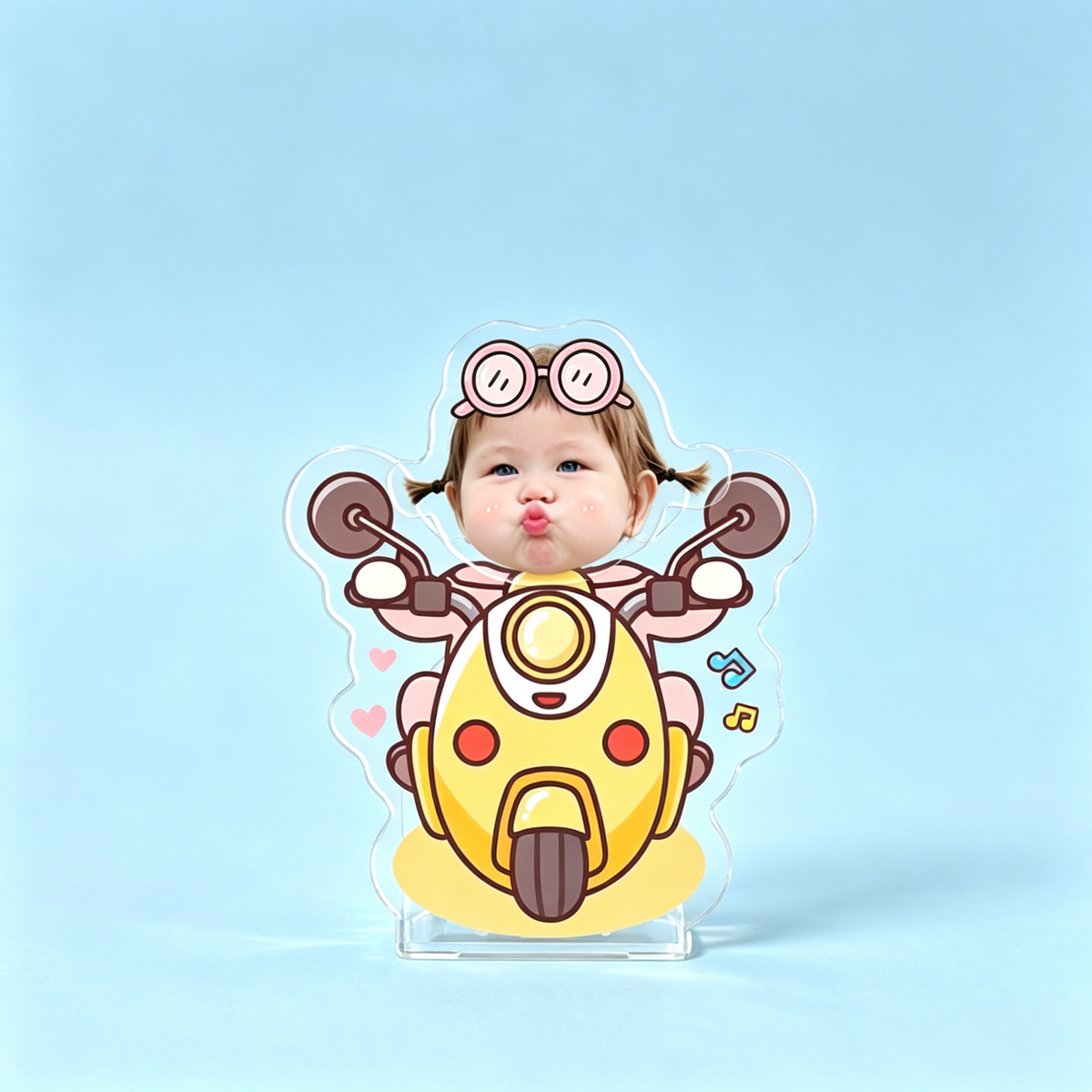 Scooter Custom Photo Wobble Figure — personalized acrylic standee made from your photo, baby riding a yellow cartoon scooter