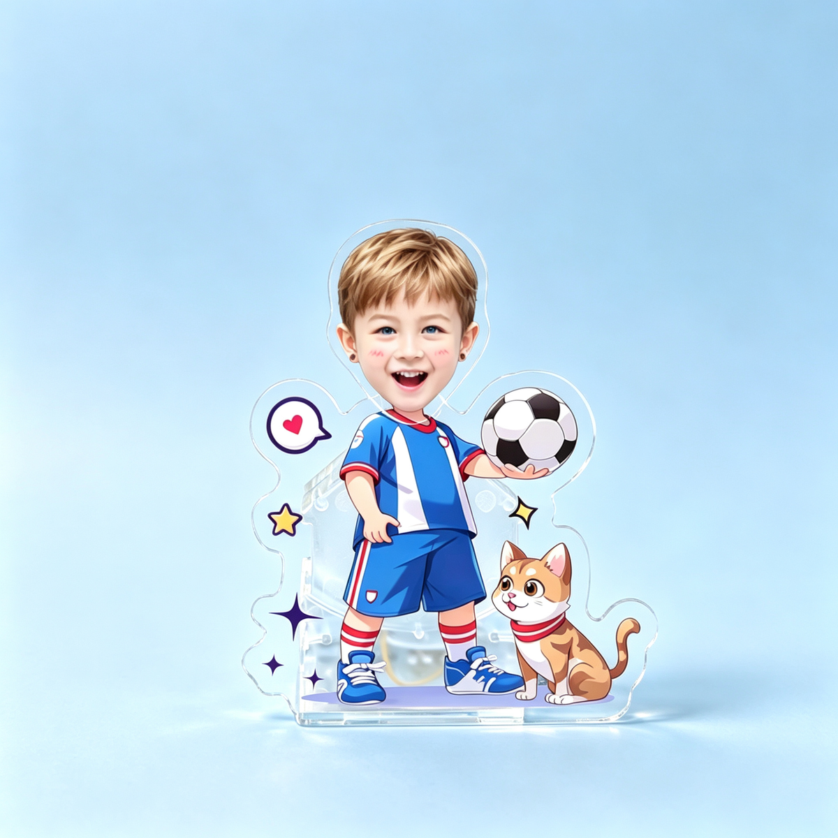 Soccer Star Custom Photo Wobble Figure — personalized acrylic standee made from your photo, soccer kid with a football and a