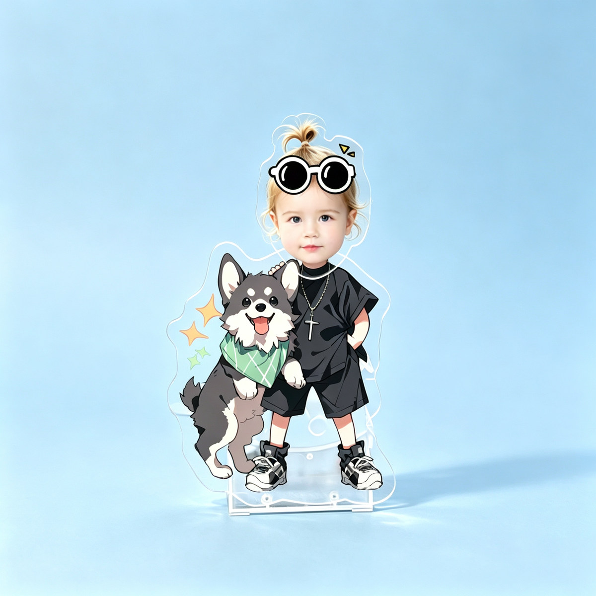 Superbike Custom Photo Wobble Figure — personalized acrylic standee made from your photo, boy standing by a red sport