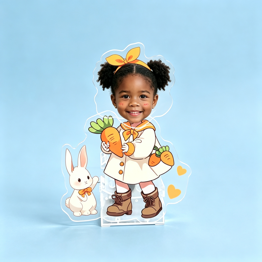 Custom photo wobble figure of a girl with a corgi dog and a rabbit, personalized pet lover gift