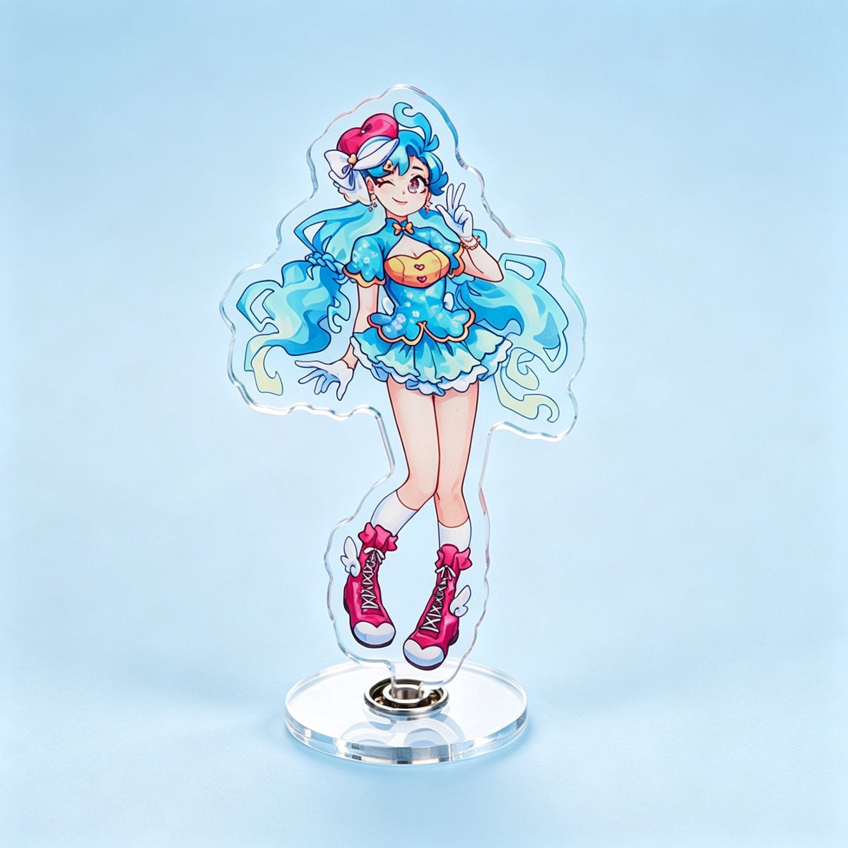 Custom anime photo standee printed on clear acrylic with round base