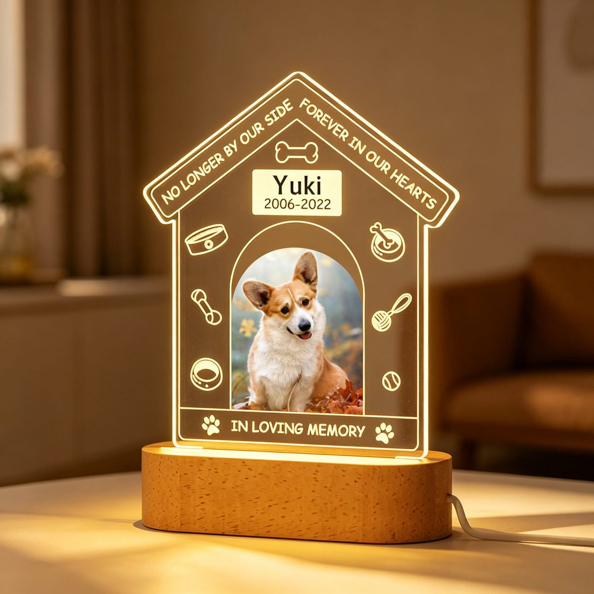 Custom acrylic pet memorial frame with night light - house shape with engraved paw and heart, personalized pet loss gift