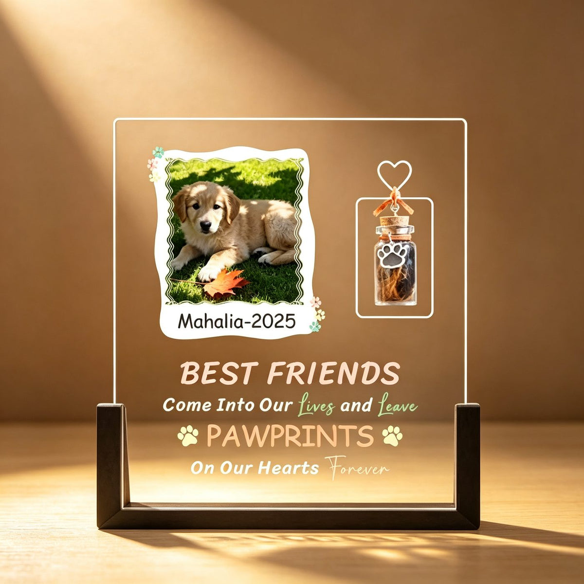 Custom pet memorial frame with fur keepsake bottle glowing warm white at night