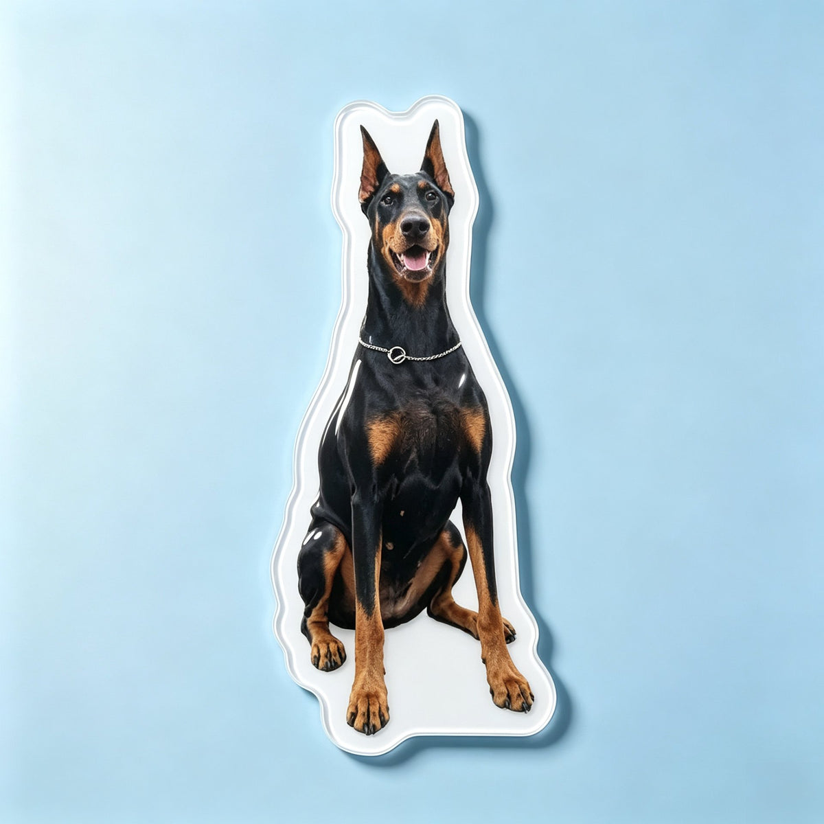 Custom acrylic fridge magnet contour cut example - dog photo cut to outline