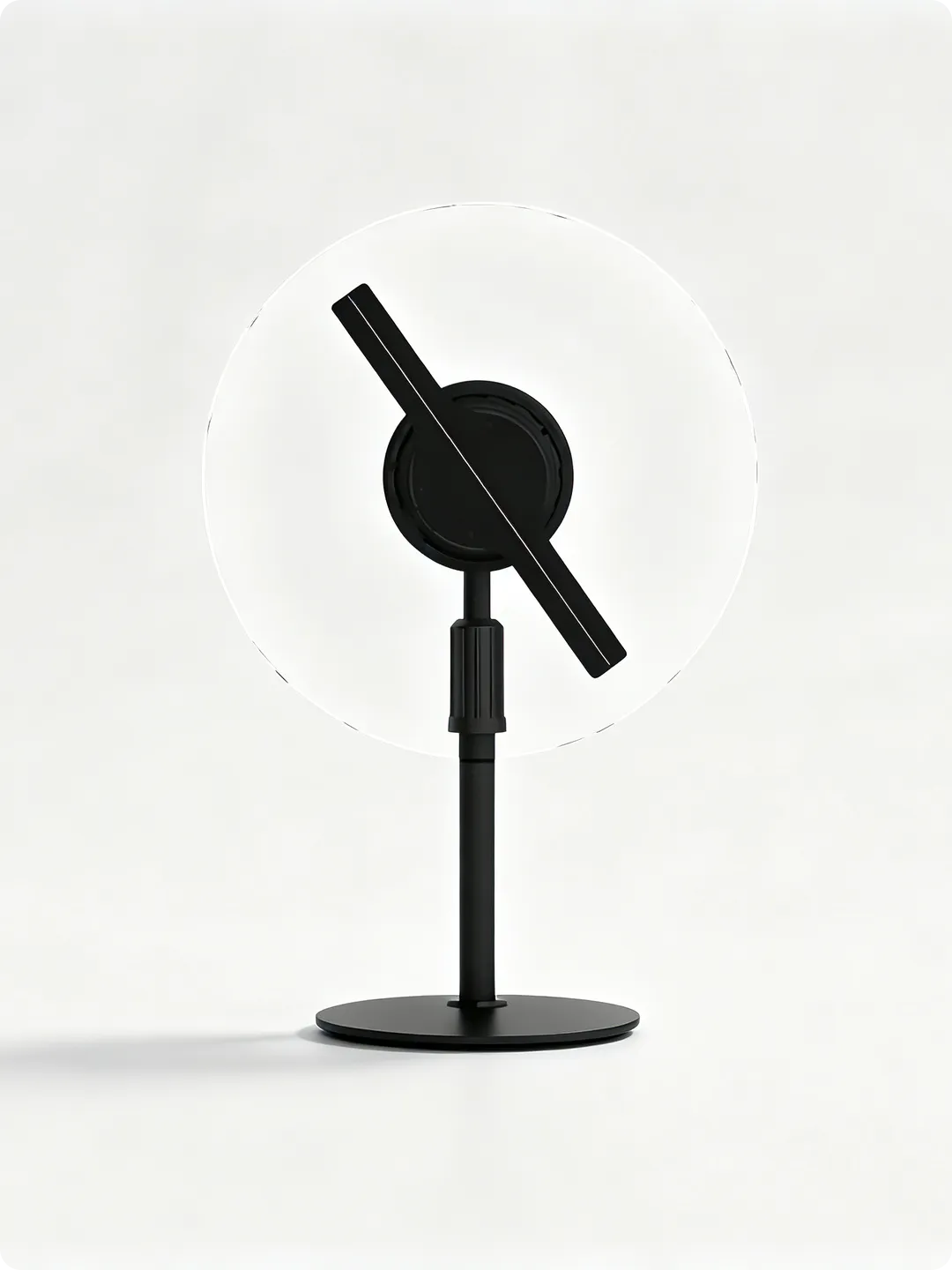 animeholo 3D hologram fan with HD LED blade on black desktop stand, product front view