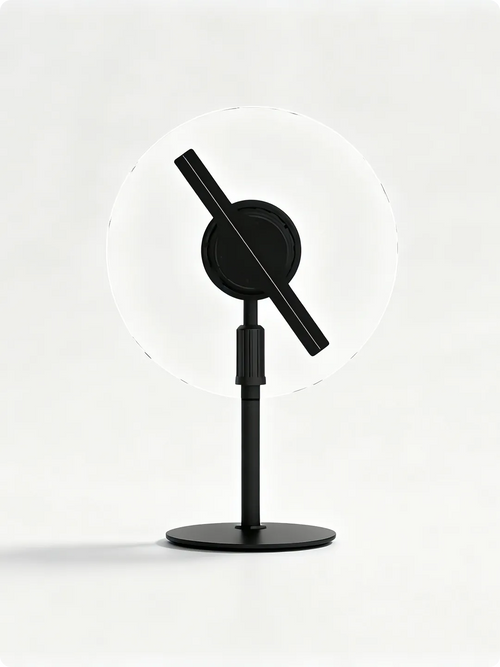 animeholo 3D hologram fan with HD LED blade on black desktop stand, product front view