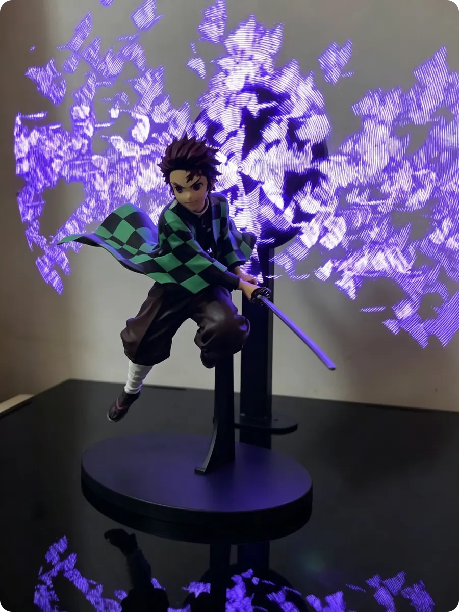 3D hologram fan display with purple flame effect behind anime swordsman figure with green checkered haori