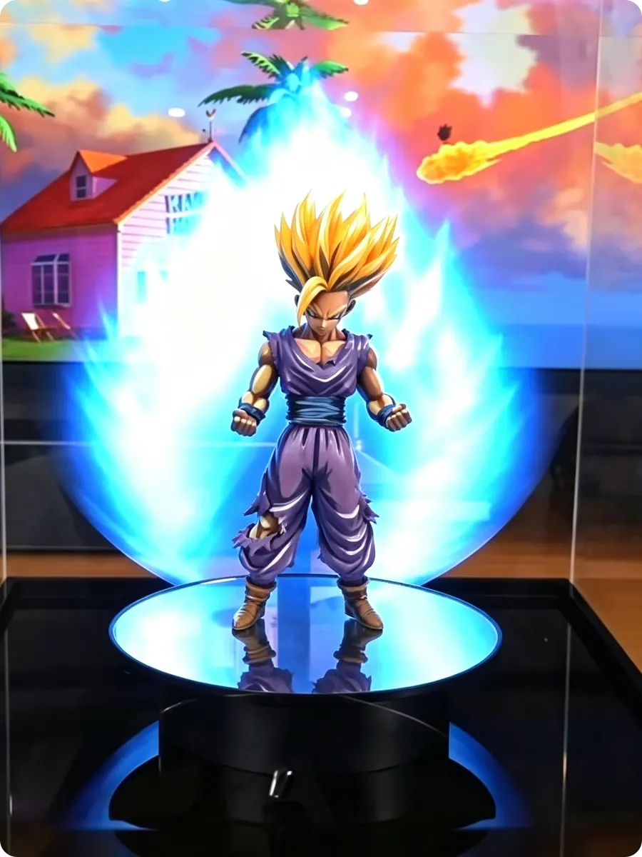 anime hologram fan showing blue lightning effect behind swordsman figure in glass display case