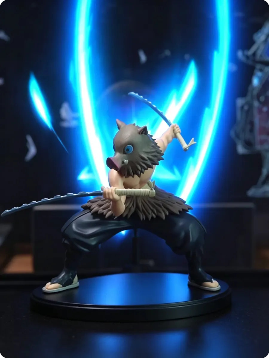 hologram fan creating blue lightning aura behind dual-blade beast-mask anime figure