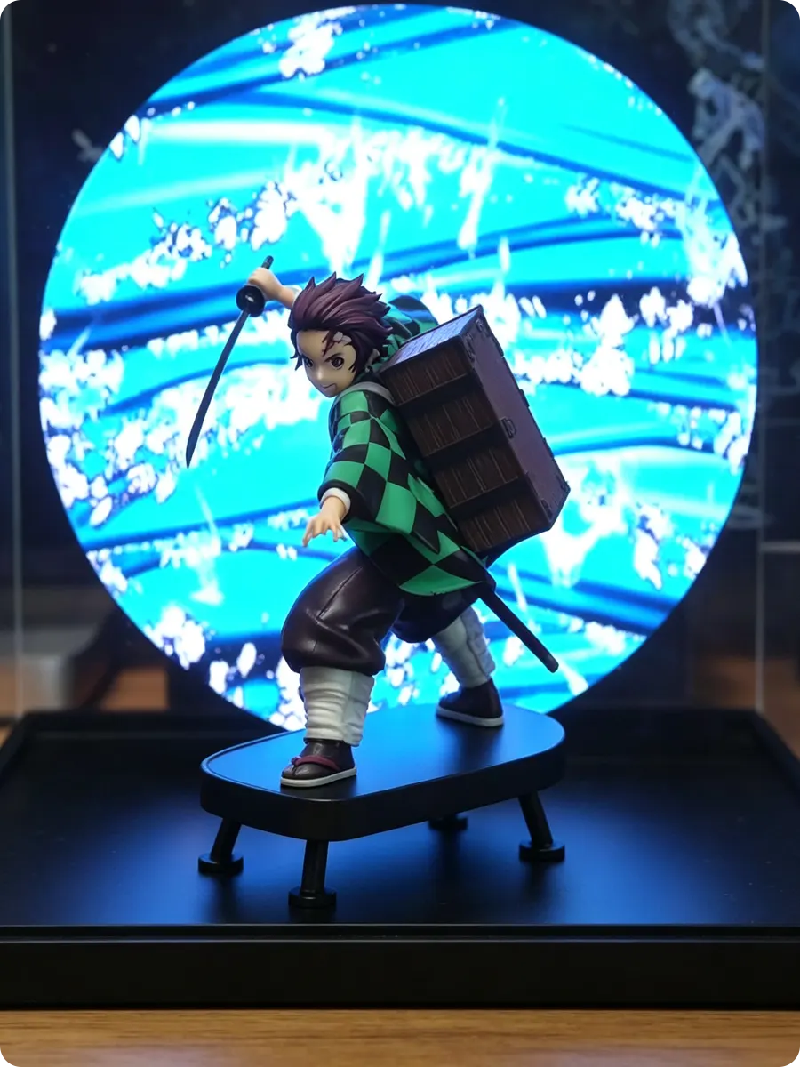 3D hologram water sphere effect behind anime swordsman figure carrying wooden box
