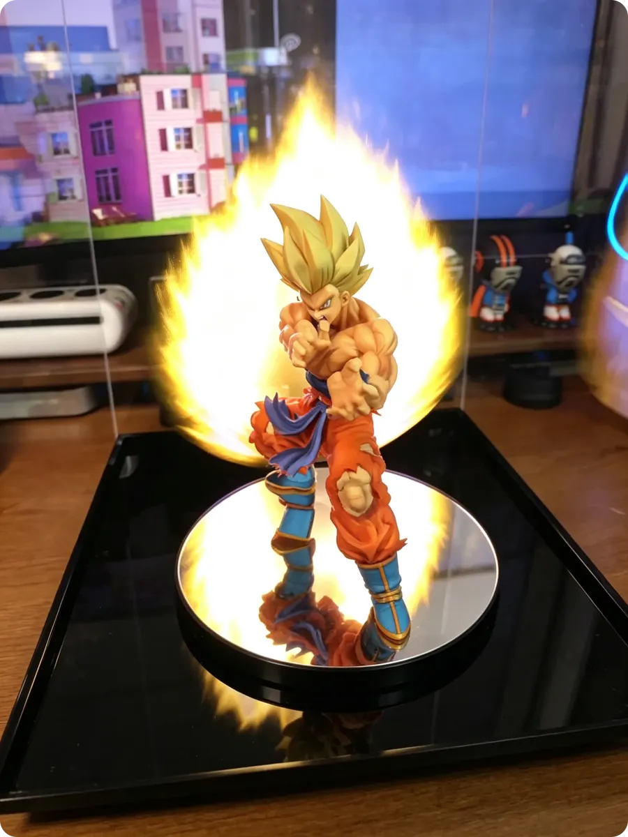 hologram fan display with golden flame aura behind orange-clad warrior figure on desk