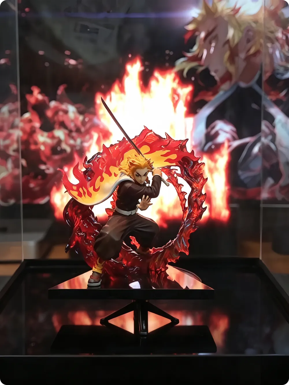 red flame ring hologram surrounding flame-cape anime swordsman figure in display case