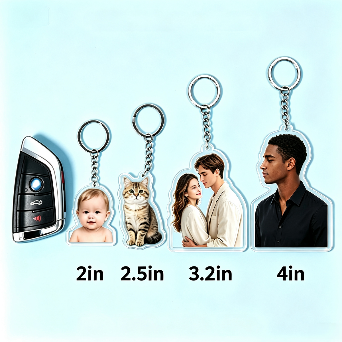 Custom acrylic photo keychain size comparison showing the available sizes side by side