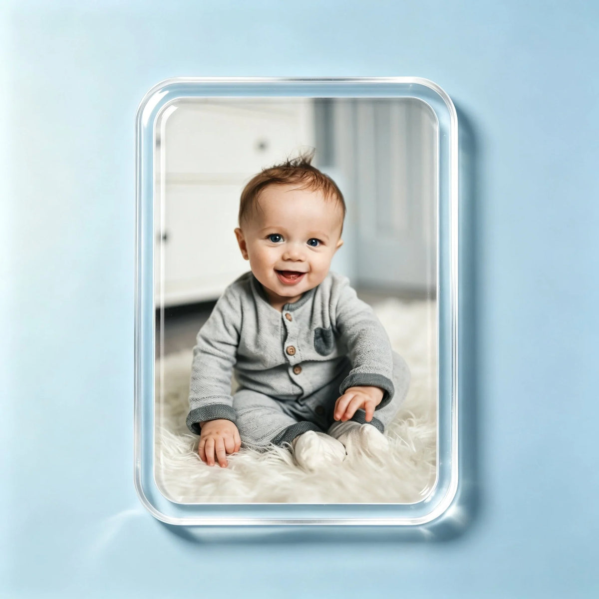 Custom photo acrylic fridge magnet with clear rounded border example - baby portrait photo, personalized photo gift
