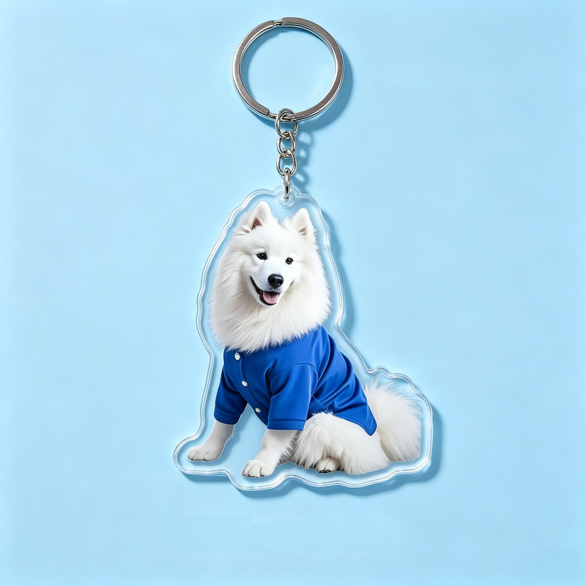 Custom photo acrylic keychain product mockup showing a couple design printed on clear acrylic