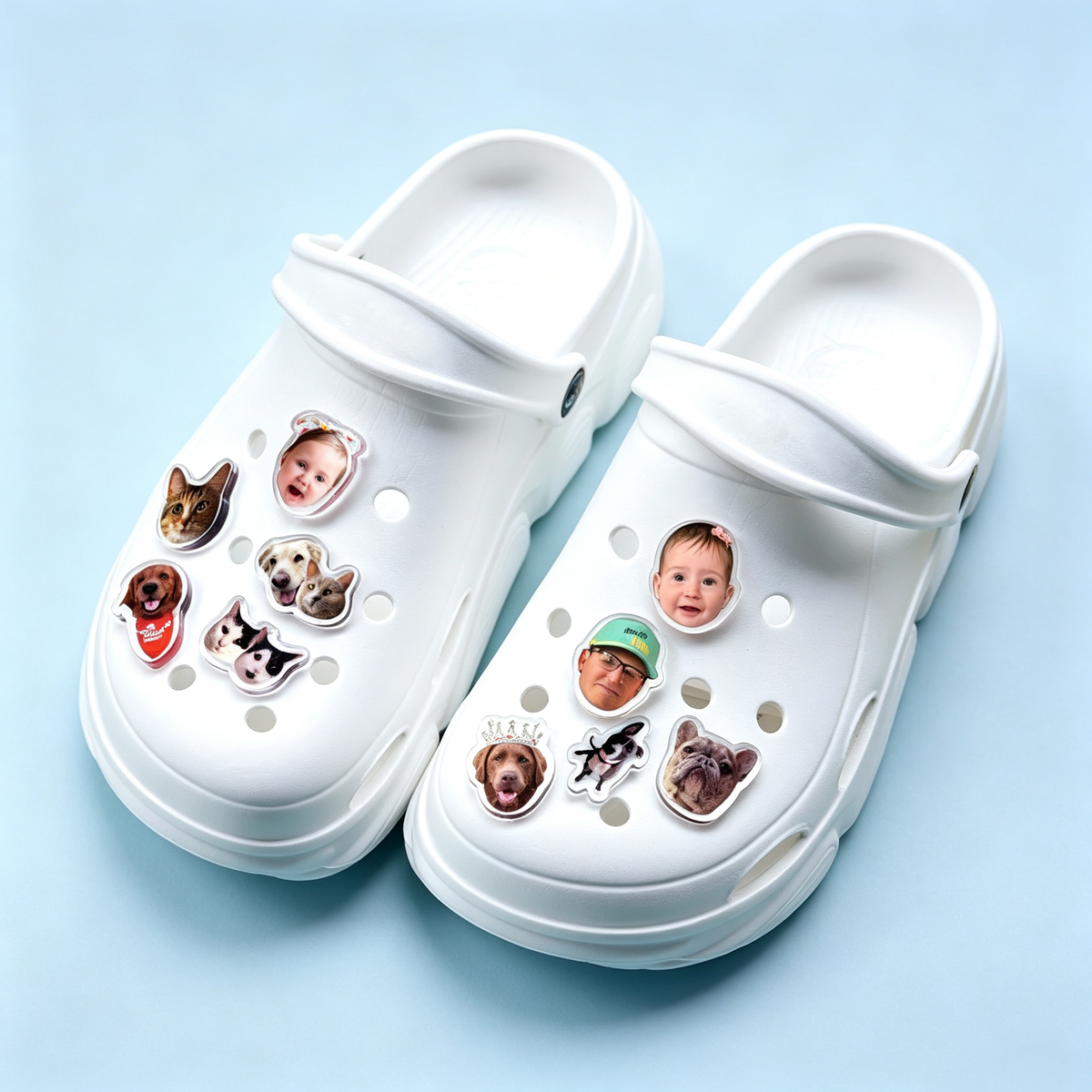 Custom photo Shoe charms decorating two pairs of clogs and sandals