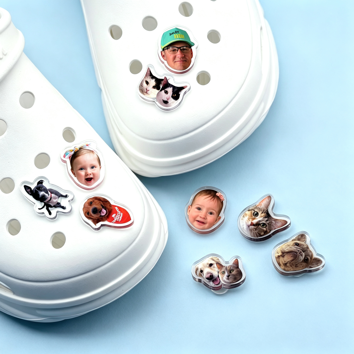 Custom photo Shoe charms on white clogs - personalized pet and face shoe charms