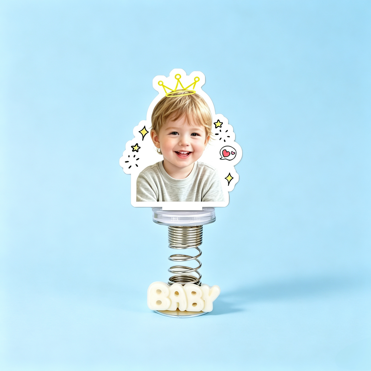 Baby Face Custom Photo Spring Bobblehead — personalized acrylic spring figure made from your photo, baby face with a crown