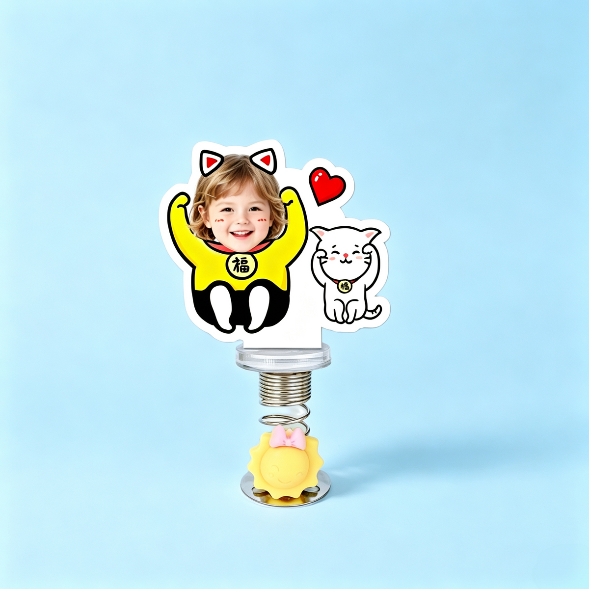 Cat Lover Custom Photo Spring Bobblehead — personalized acrylic spring figure made from your photo, kid in a cat costume