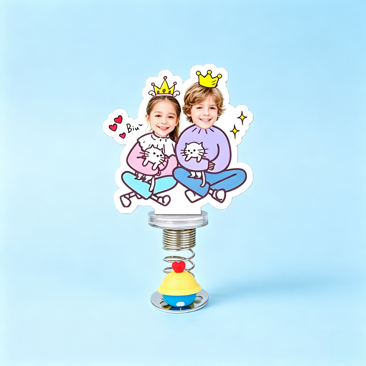 Cozy Couple Custom Photo Spring Bobblehead — personalized acrylic spring figure made from your photo, couple with a cat and
