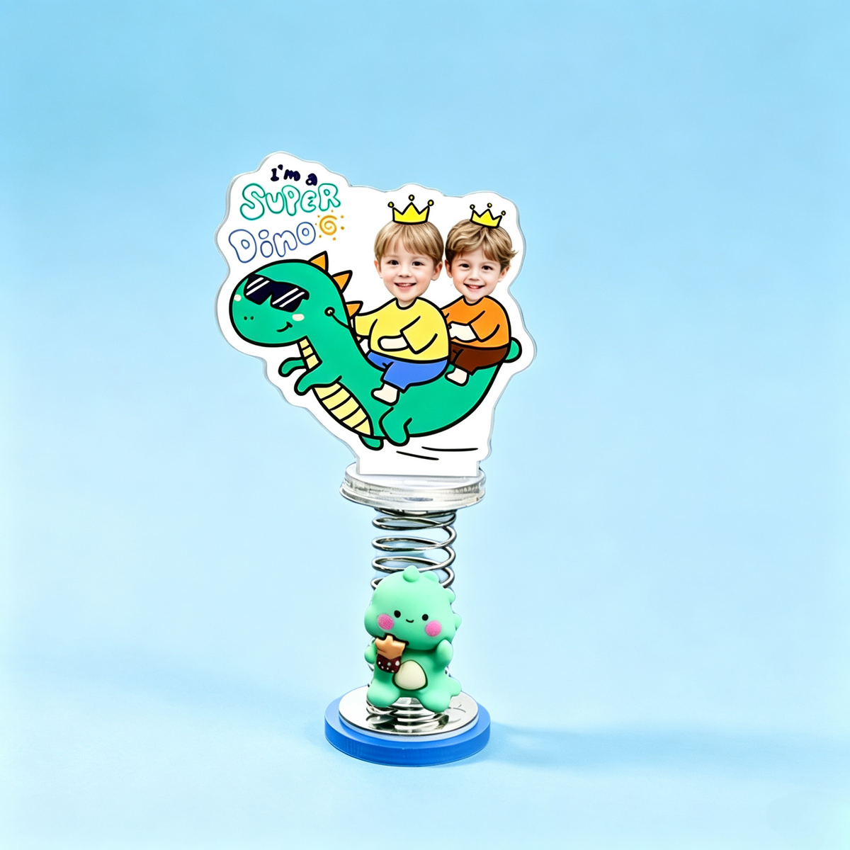 Dino Birthday Duo Custom Photo Spring Bobblehead — personalized acrylic spring figure made from your photo, two kids riding