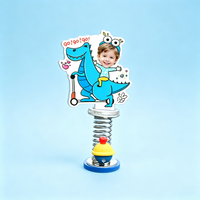 Dino Ride Kid Custom Photo Spring Bobblehead — personalized acrylic spring figure made from your photo, kid riding a blue