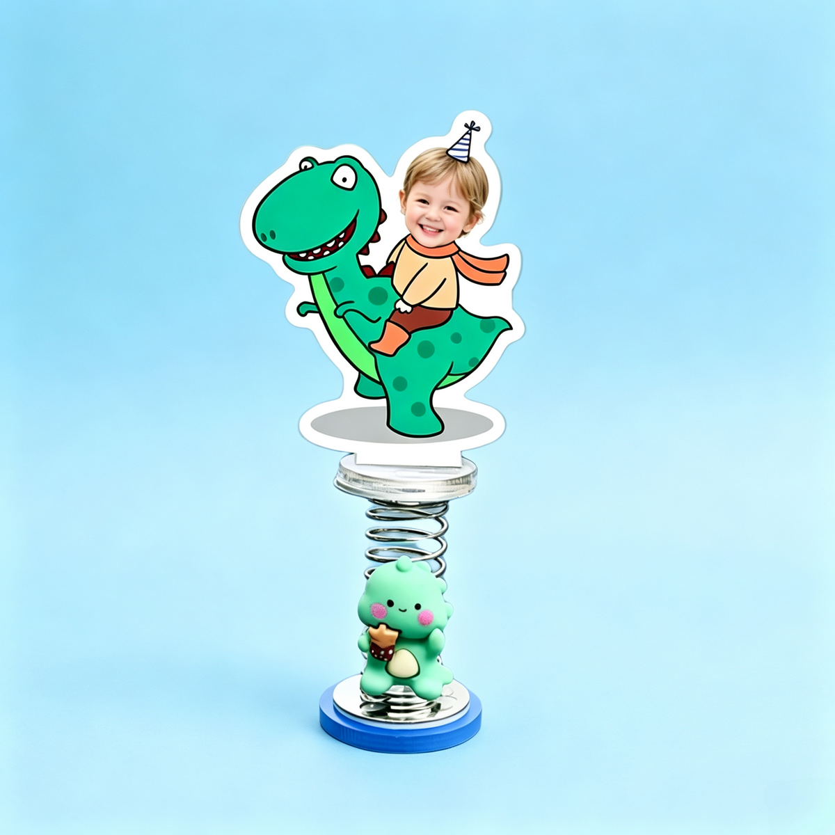 Dino Rider Custom Photo Spring Bobblehead — personalized acrylic spring figure made from your photo, kid riding a green