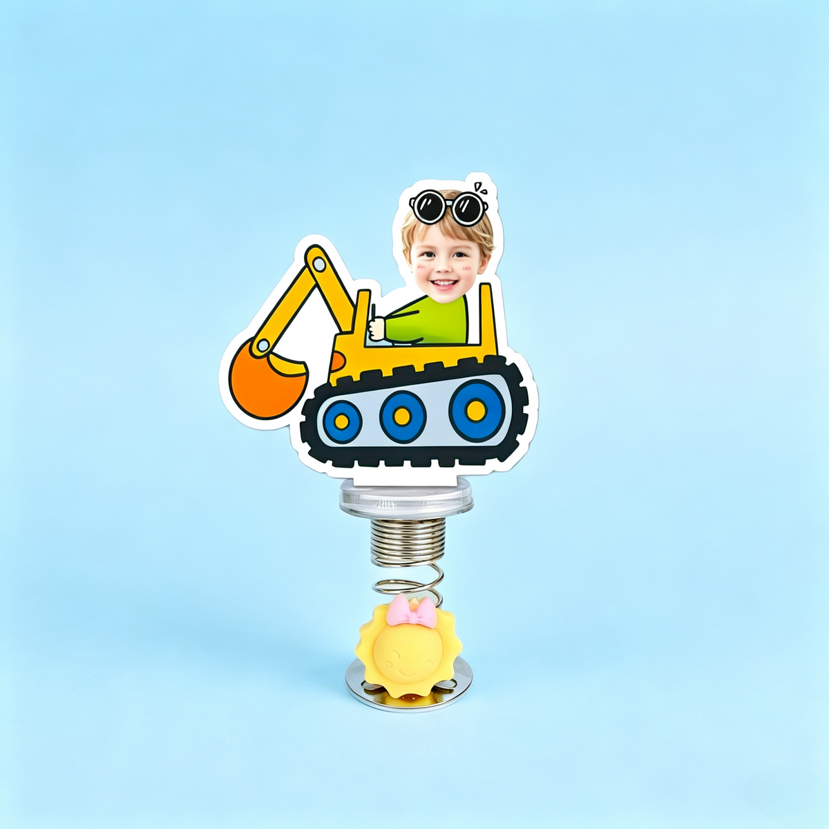 Excavator Kid Custom Photo Spring Bobblehead — personalized acrylic spring figure made from your photo, kid driving a yellow