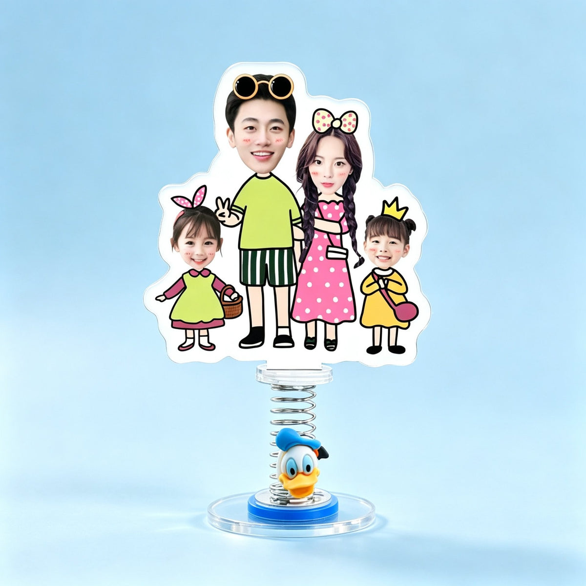 Custom family four photo spring bobblehead — dad mom and two daughters in cute outfits walking together, personalized acrylic figure bouncing on a spring base