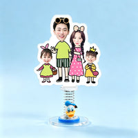 Custom family four photo spring bobblehead — dad mom and two daughters in cute outfits walking together, personalized acrylic figure bouncing on a spring base