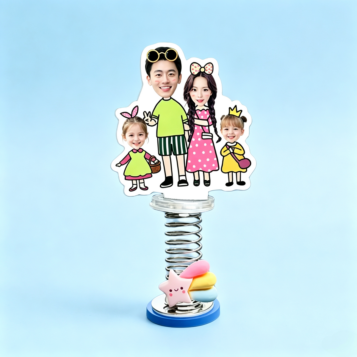 Family of Four Custom Photo Spring Bobblehead — personalized acrylic spring figure made from your photo, family of four