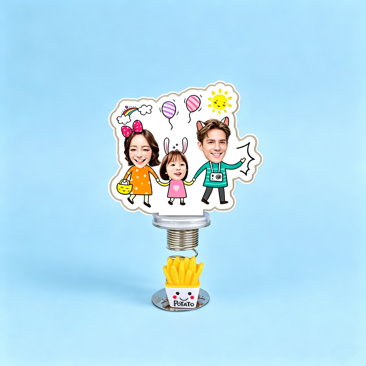 Family Stroll Custom Photo Spring Bobblehead — personalized acrylic spring figure made from your photo, family of three