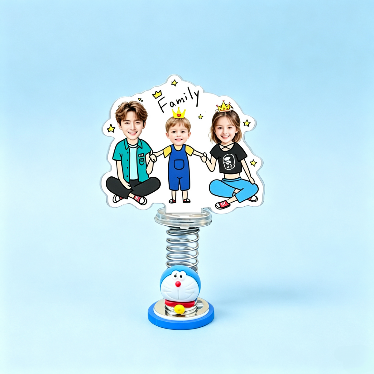 Family Trio Custom Photo Spring Bobblehead — personalized acrylic spring figure made from your photo, family of three