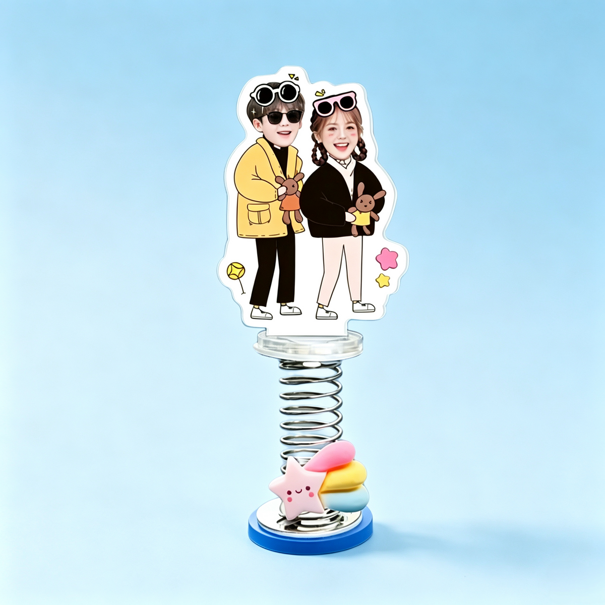 Fashion Couple Custom Photo Spring Bobblehead — personalized acrylic spring figure made from your photo, couple in stylish