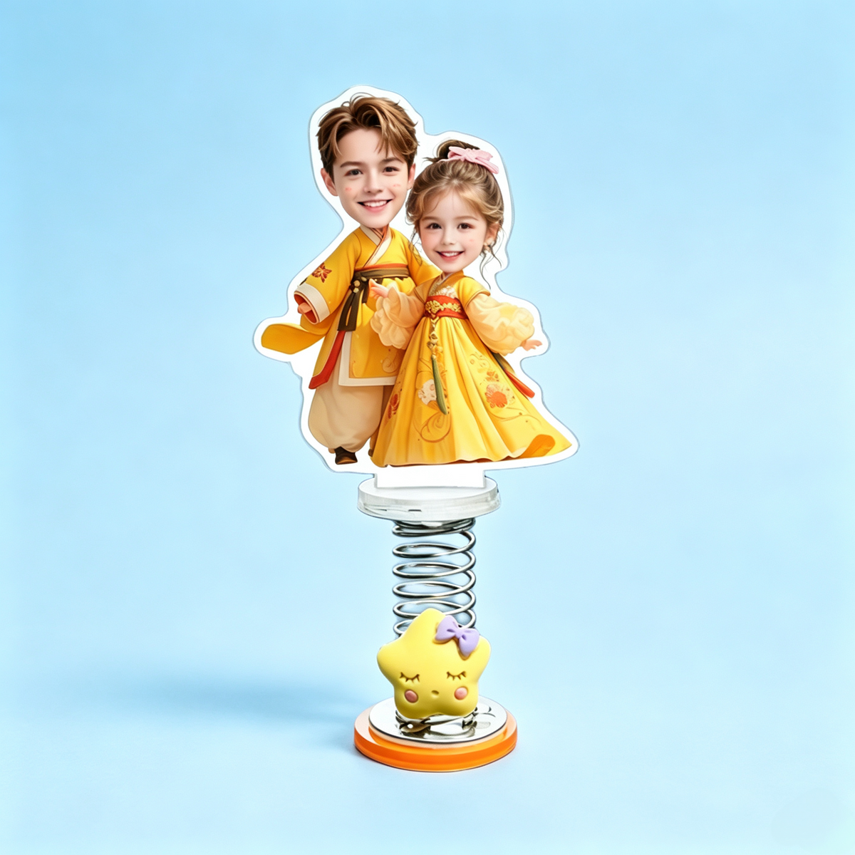 Golden Duo Custom Photo Spring Bobblehead — personalized acrylic spring figure made from your photo, two kids in golden