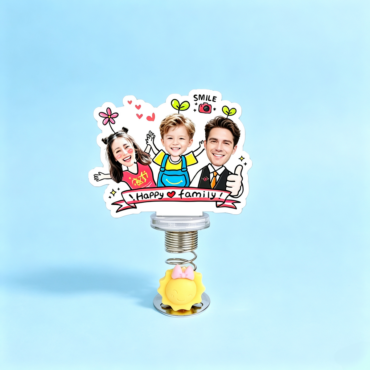 Happy Family Custom Photo Spring Bobblehead — personalized acrylic spring figure made from your photo, family of three under