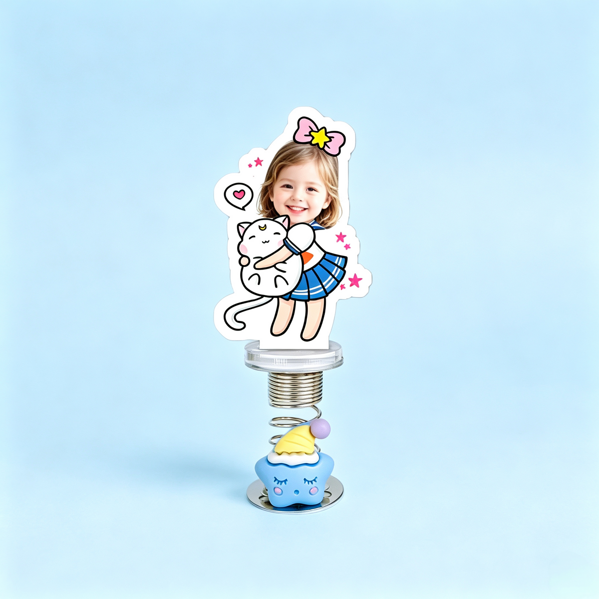 Kitty Girl Custom Photo Spring Bobblehead — personalized acrylic spring figure made from your photo, girl with a bow and a