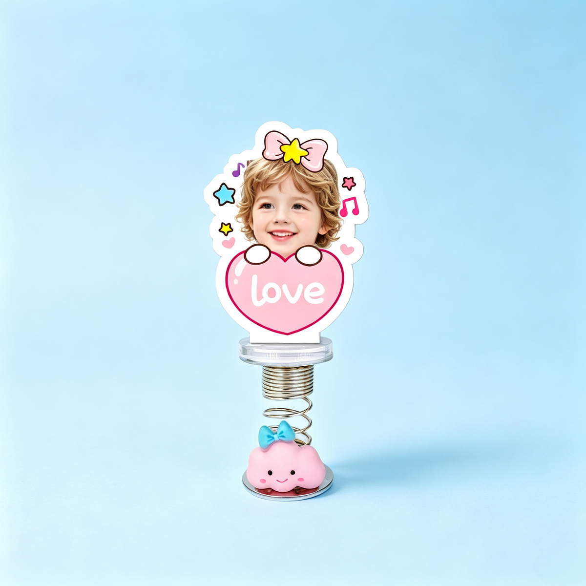 Love Heart Baby Custom Photo Spring Bobblehead — personalized acrylic spring figure made from your photo, baby face in a