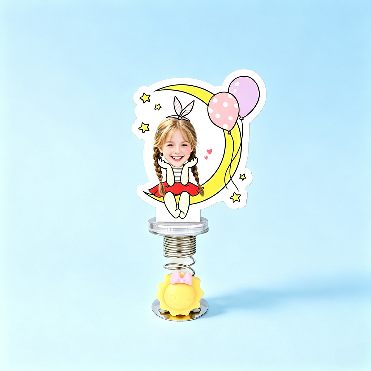 Moon Dreamer Custom Photo Spring Bobblehead — personalized acrylic spring figure made from your photo, girl sitting on the