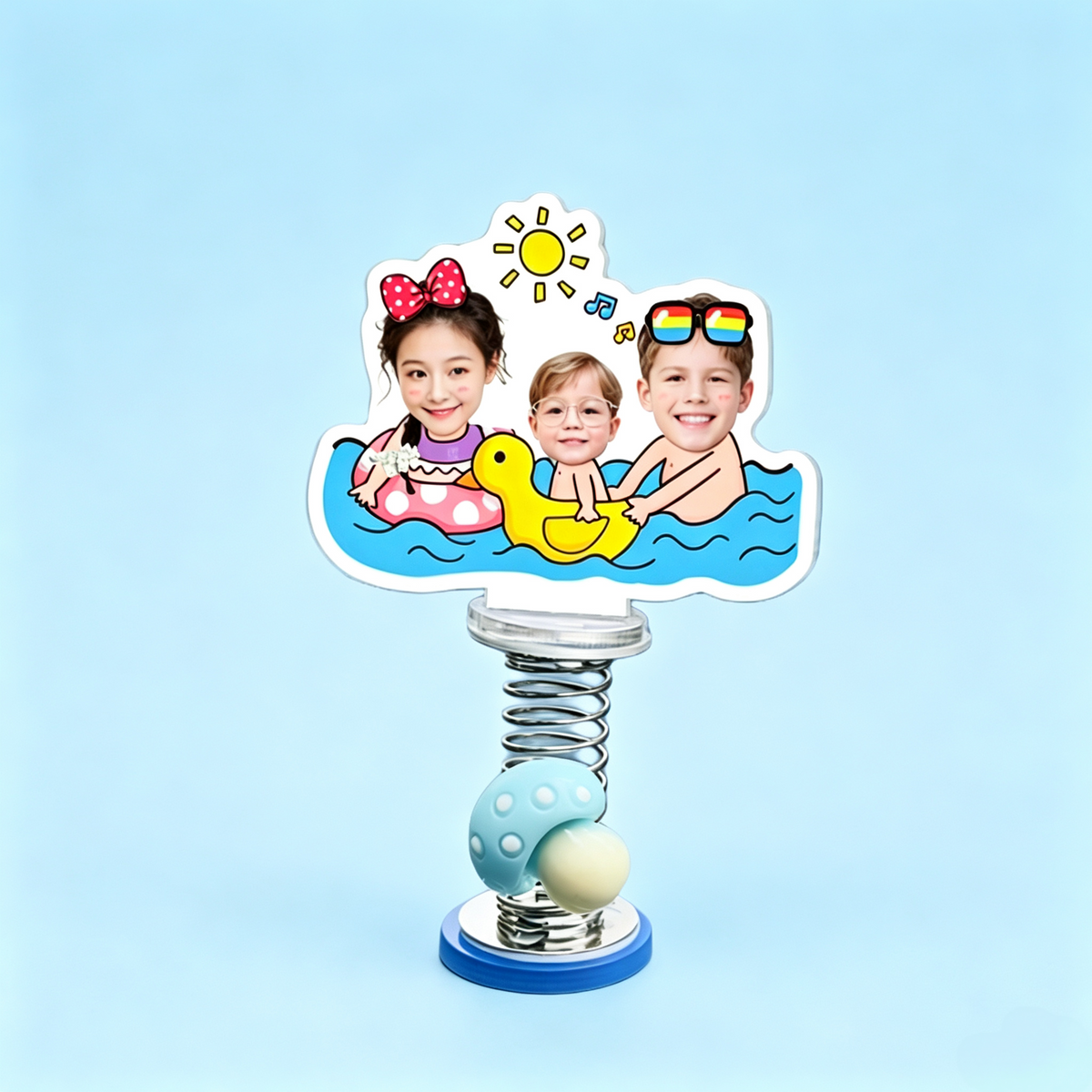 Pool Family II Custom Photo Spring Bobblehead — personalized acrylic spring figure made from your photo, family of three