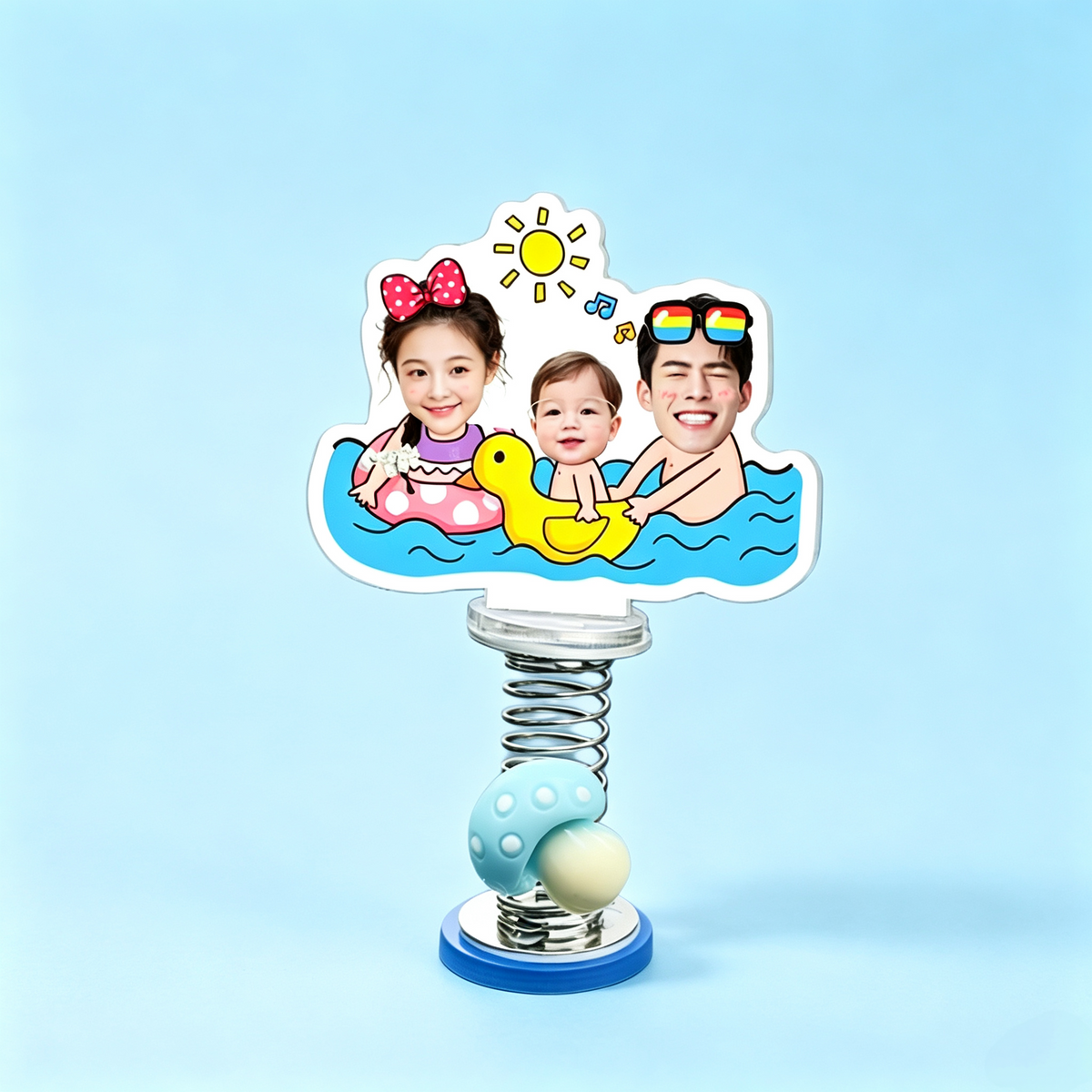Pool Family Custom Photo Spring Bobblehead — personalized acrylic spring figure made from your photo, family of three