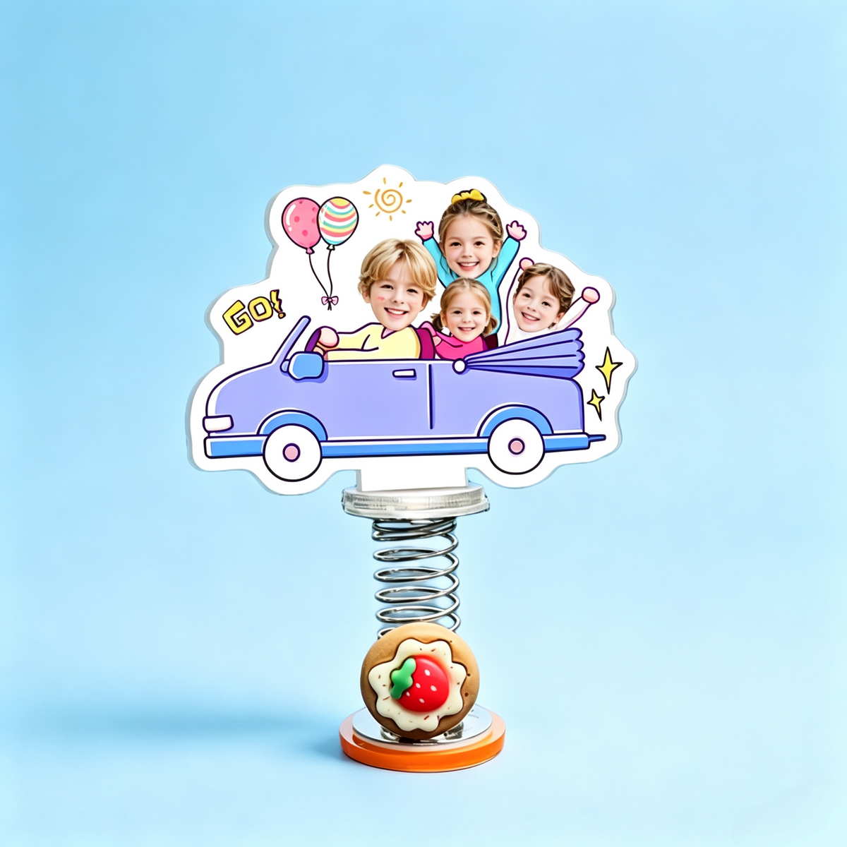 Purple Car Family Custom Photo Spring Bobblehead — personalized acrylic spring figure made from your photo, family of four