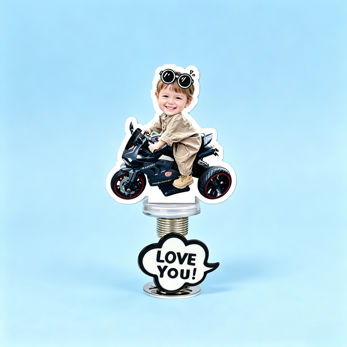 Road Rider Custom Photo Spring Bobblehead — personalized acrylic spring figure made from your photo, kid riding a black