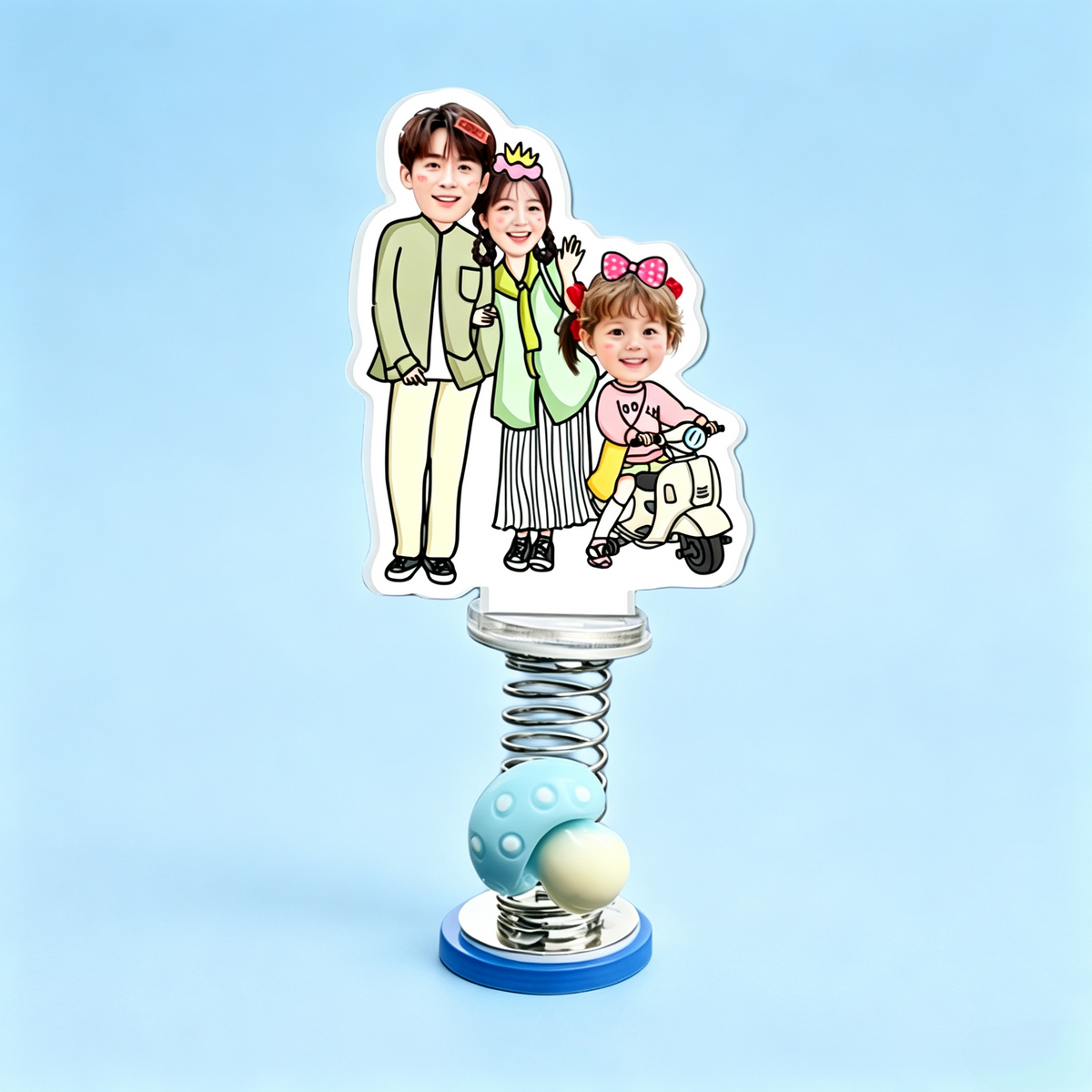 Scooter Family Custom Photo Spring Bobblehead — personalized acrylic spring figure made from your photo, family of three