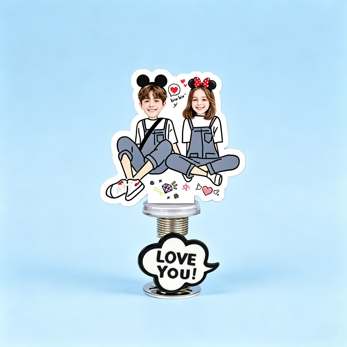 Sweetheart Couple Custom Photo Spring Bobblehead — personalized acrylic spring figure made from your photo, couple sitting together in matching overalls